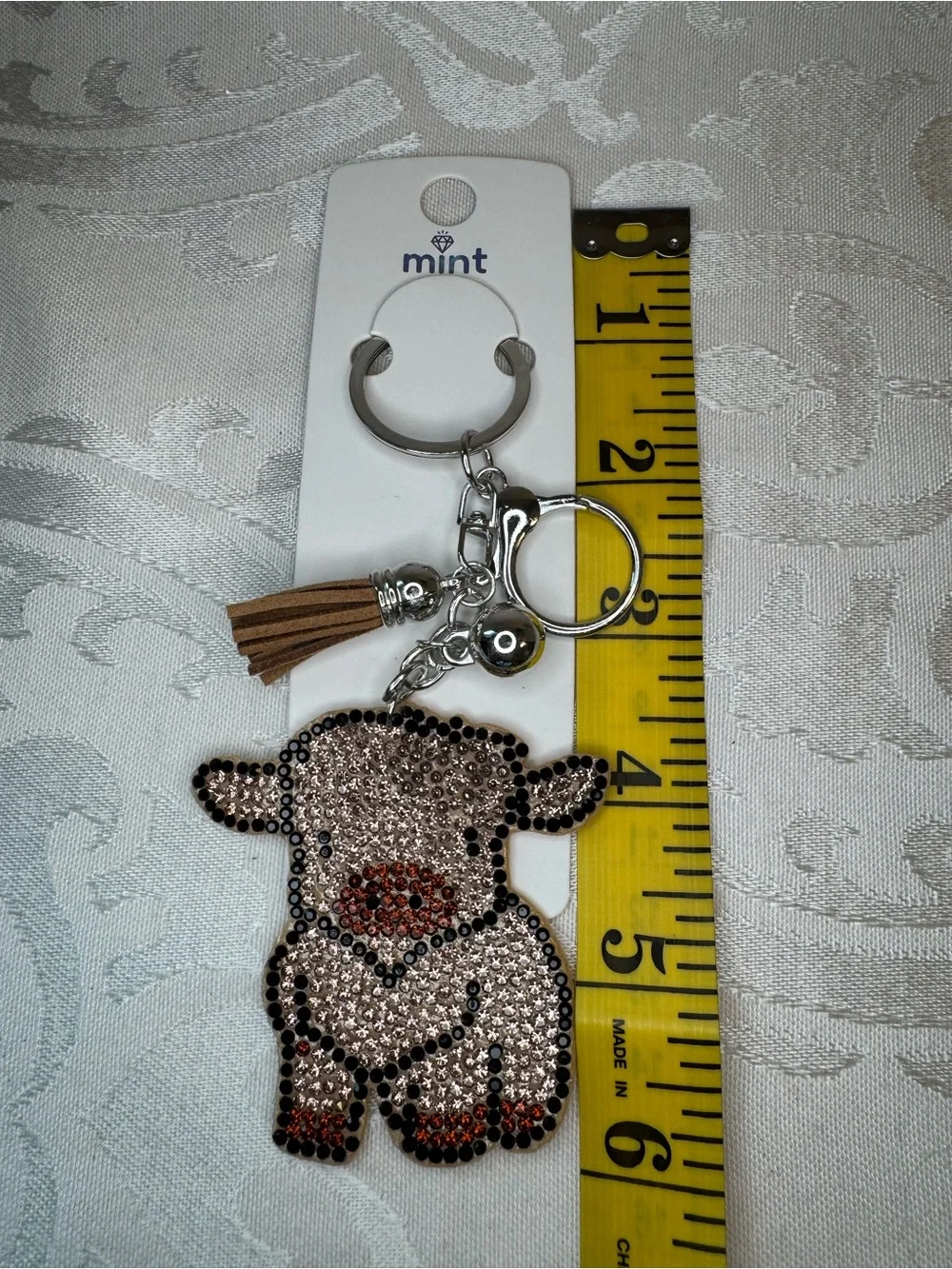 New Mint Crystal Brown Cow Keychain with Brown Tassel